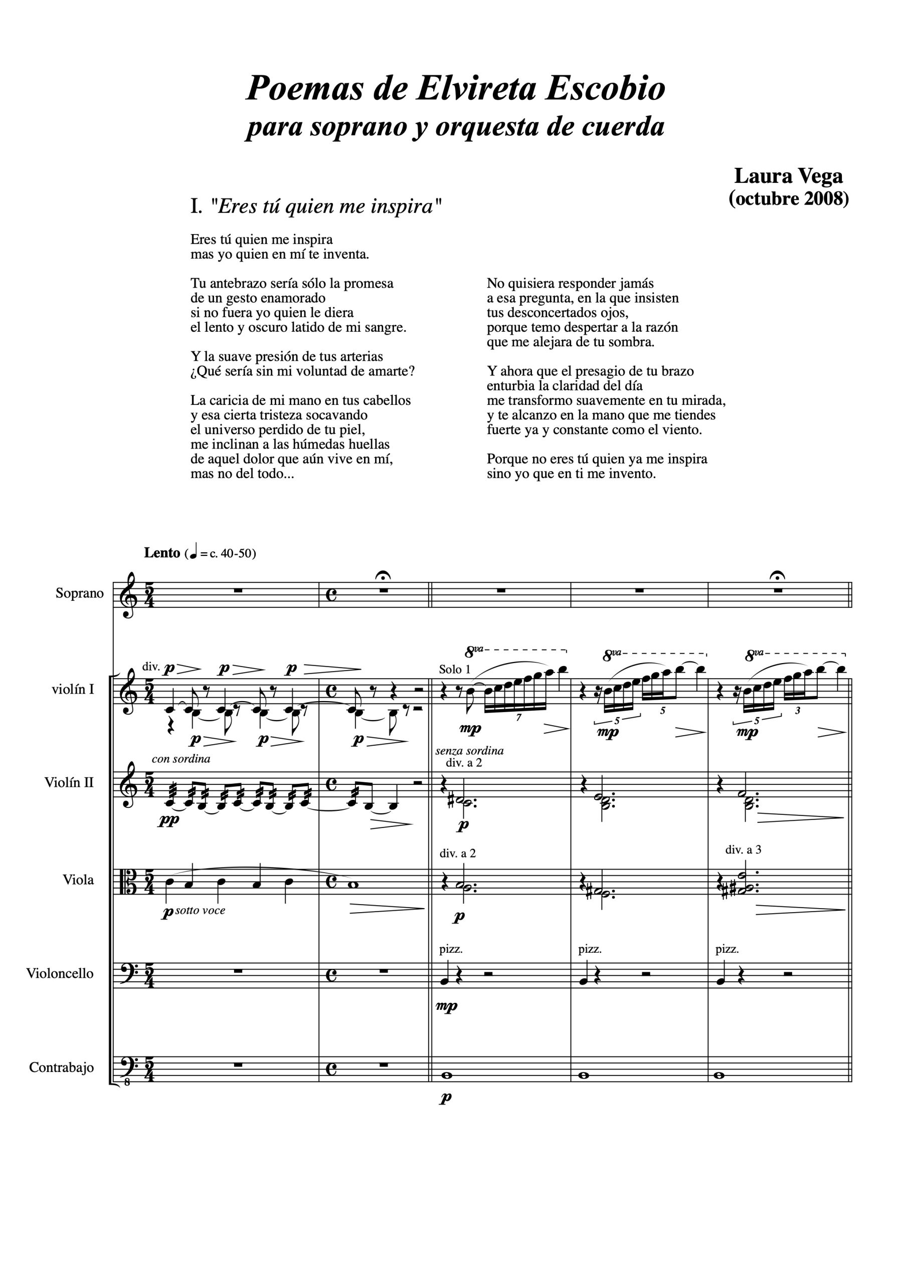 Poemas de Elvireta Escobio para soprano y orquesta de cuerda (partitura general y partes) - Imagen 2