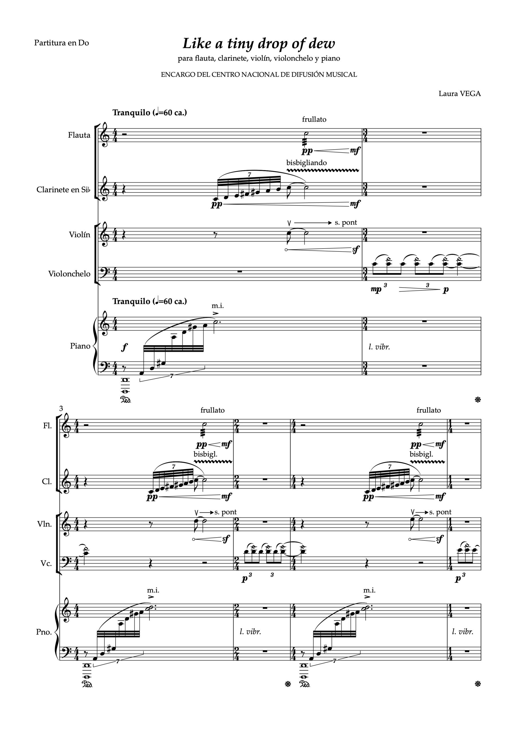 Like a tiny drop of dew para flauta, clarinete, violín, violonchelo y piano - Imagen 2
